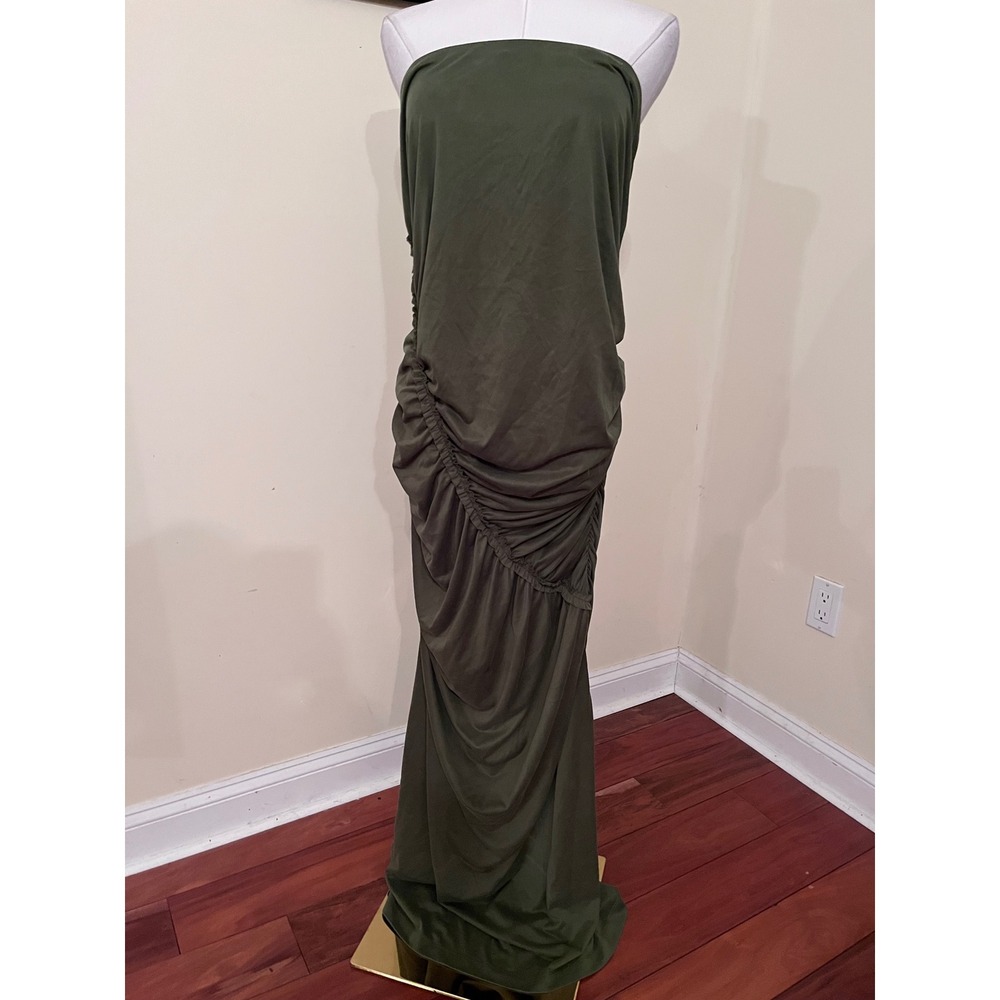 Celandine Gabbie Olive Green Ruched Strapless Maxi Dress Plus Size 3X Gown - Picture 4 of 9
